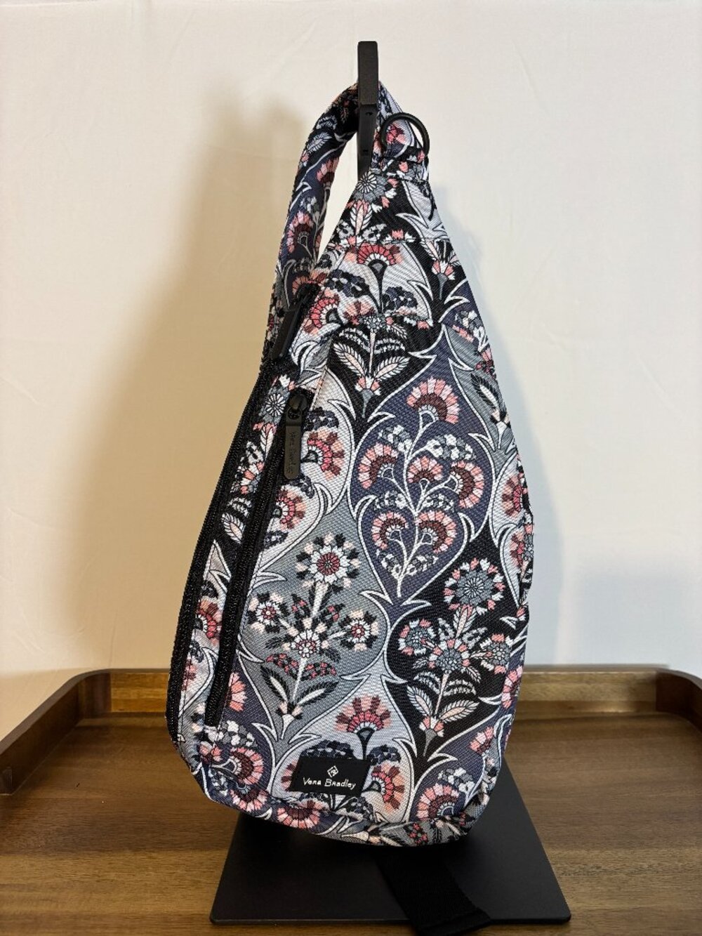 Vera Bradley Ornate Blooms Black Gray Floral Essential Nylon Sling Backpack